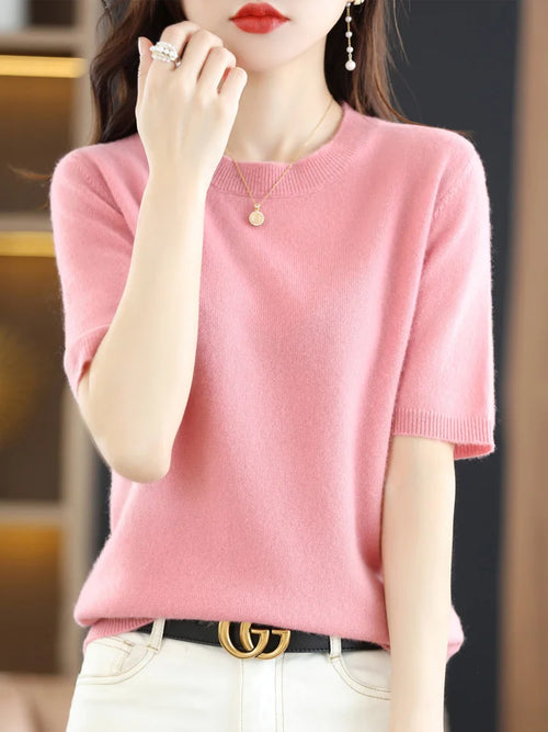 New Short-sleeved Knitwear Women O-neck T-shirt Wool Cotton Blend