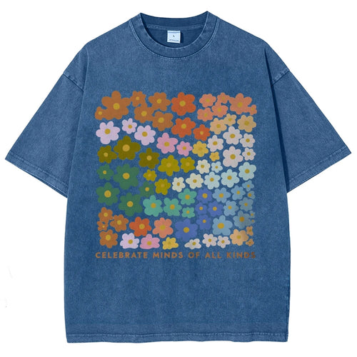 100% Color Flower Letter Print T-Shirt Loose Retro Old Shoulder Wash