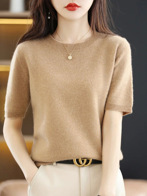 New Short-sleeved Knitwear Women O-neck T-shirt Wool Cotton Blend