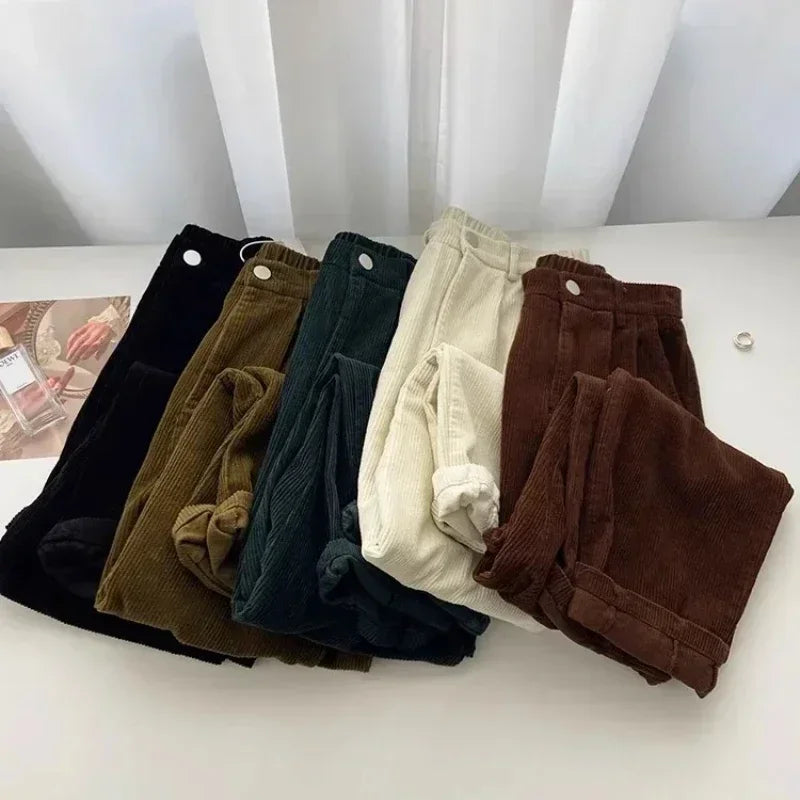 Vintage High Waist Corduroy Pants Women Spring Fall Straight Causal