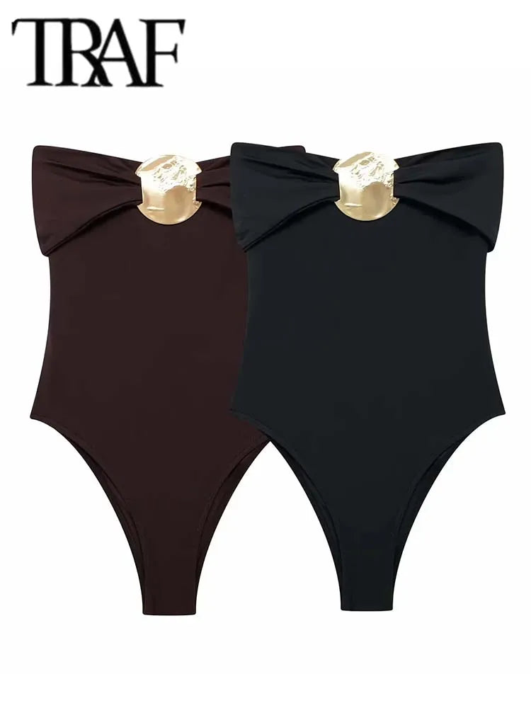 TRAF Off Shoulder Bodysuit Women Backless Sexy Women's Bodysuits