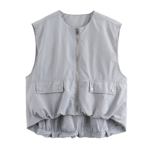 MUJER Ruched Sleeveless Vest Women Zip Loose Summer Vests for Women