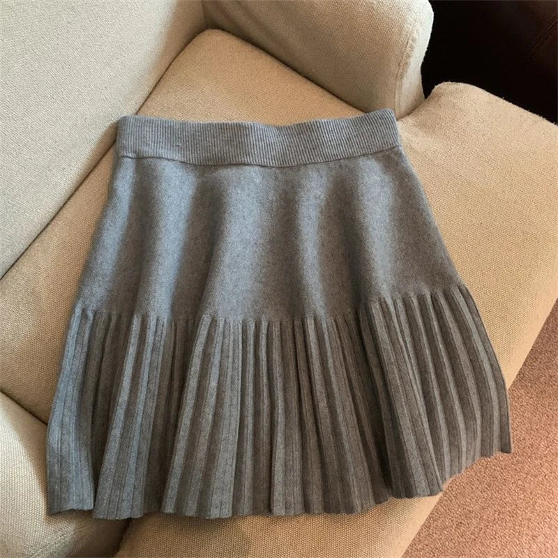 Pleated Mini Skirts Korean Sweet Knitted Skirts Sweet Elastic Waist