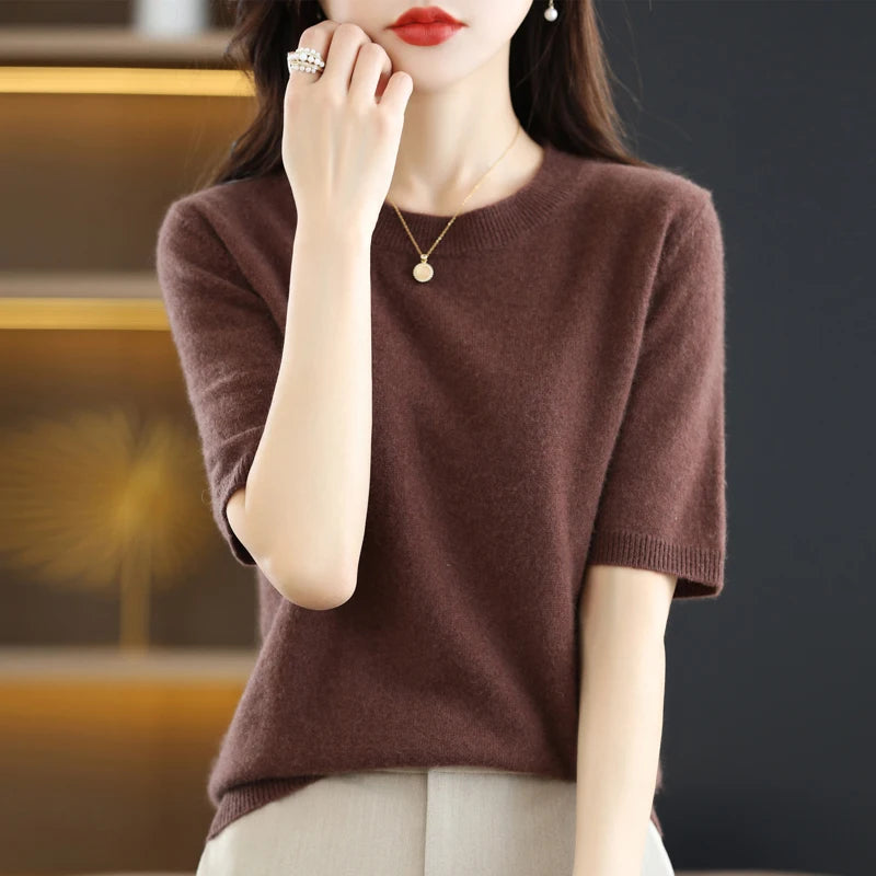New Short-sleeved Knitwear Women O-neck T-shirt Wool Cotton Blend
