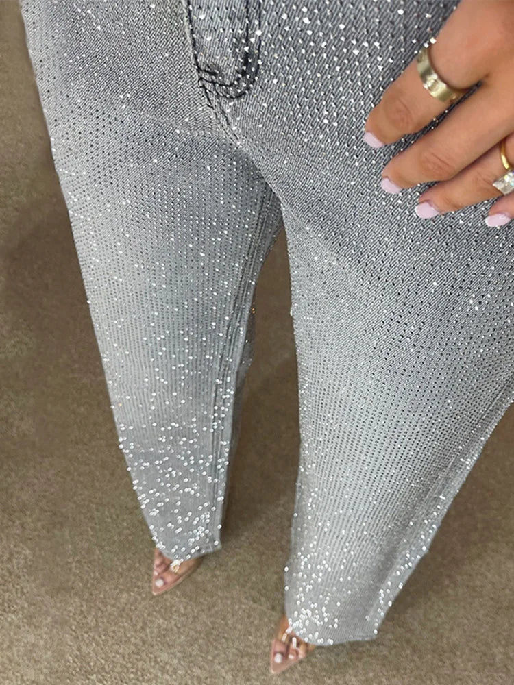 Y2k Women Shiny Rhinestone Denim Pants Wide Leg Straight Full Diamond