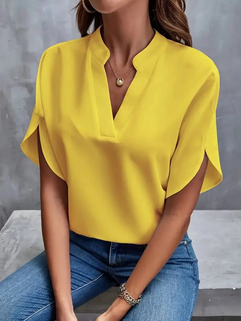 Summer Elegant Women's Blouse New V-neck Short Sleeve Solid Color