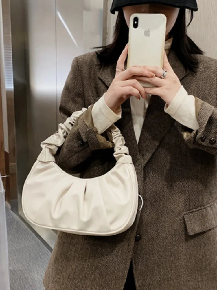 Fashion Pleated Handlebags for Women PU Cloud Bags Leisure Armpit Bag
