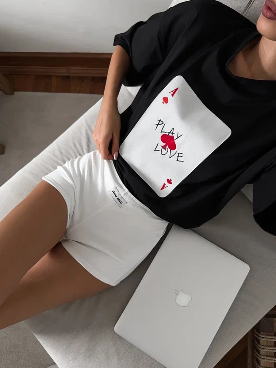 Bornladies 100% Cotton Poker Card Printed T-Shirt Women's Fashionable