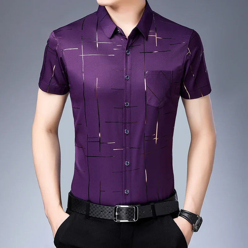 New Men's Business Casual Short Sleeved Shirt No Iron and Wrinkle