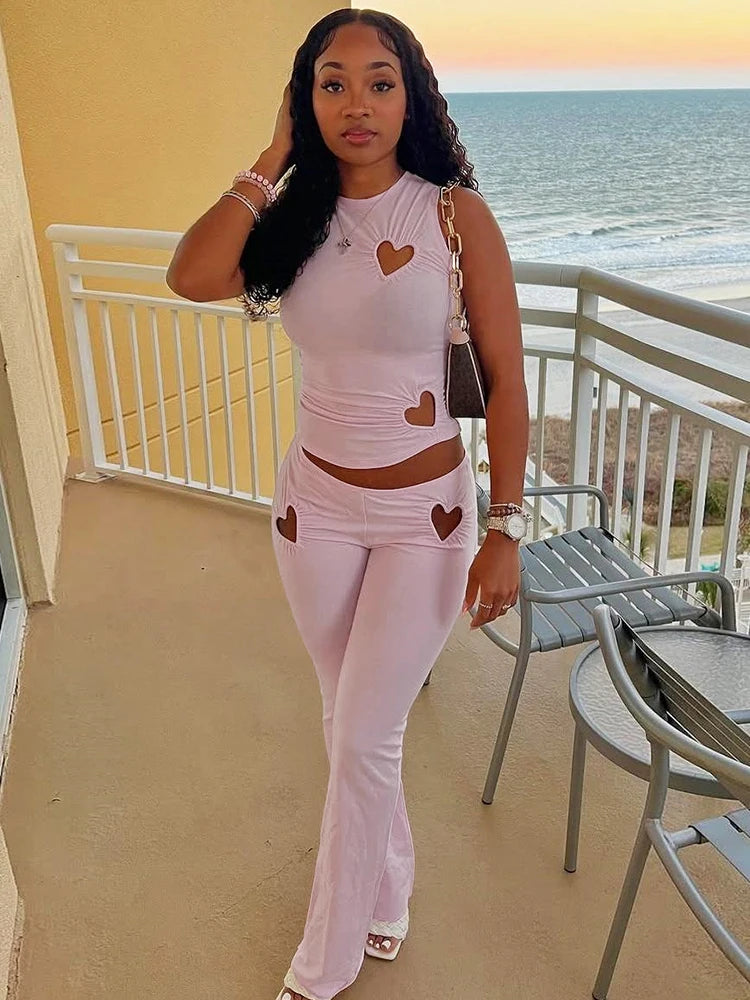kliou Heart Hollow Women 2 Piece Set Summer New Casual Sleeveless