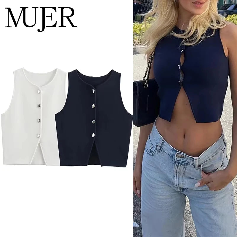MUJER Cropped Knit Vest Women Cardigan White Sleeveless Vest Woman