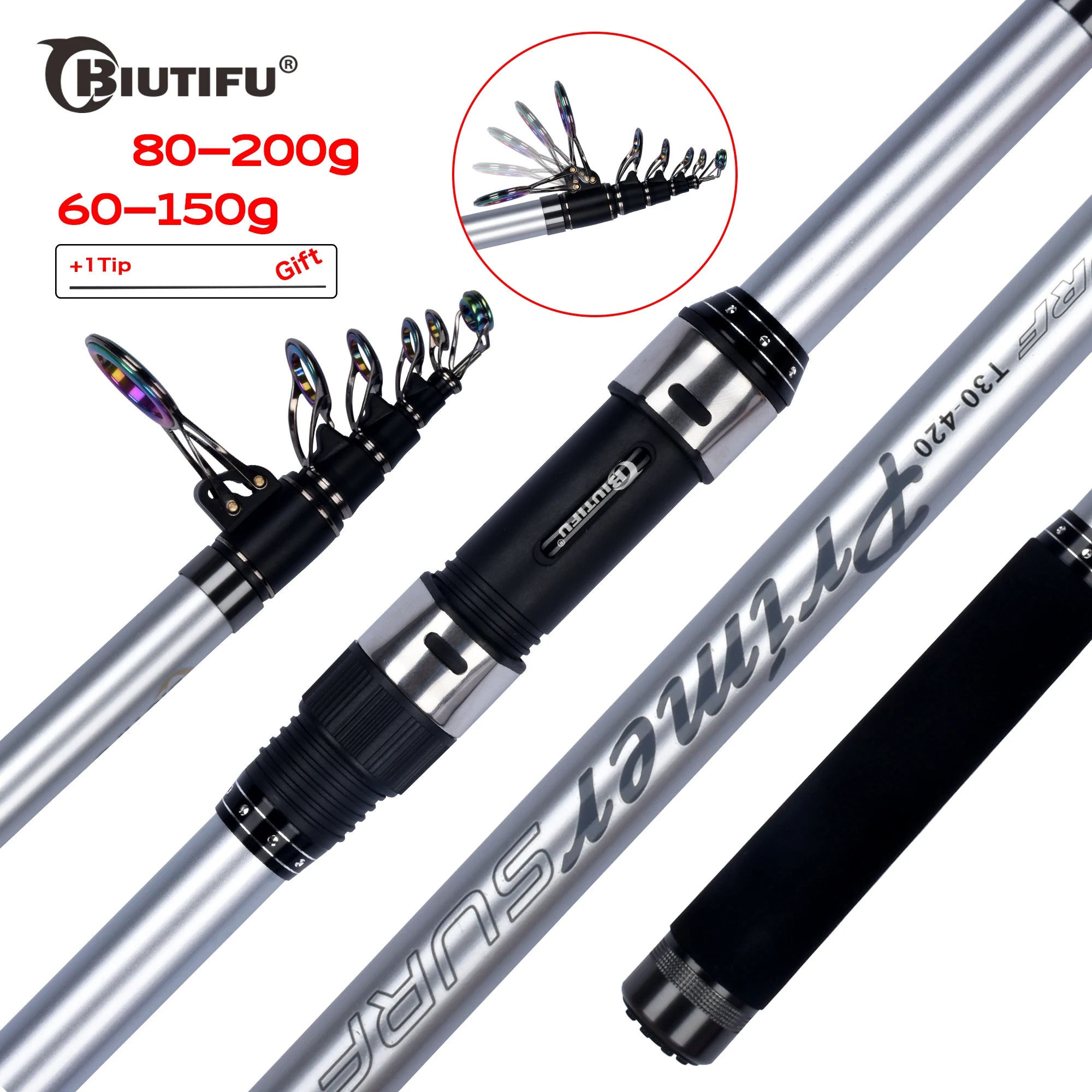 BIUTIFU Surf Rod 5.3/5.0/4.5/4.2/3.9m Telescopic Fishing Travel