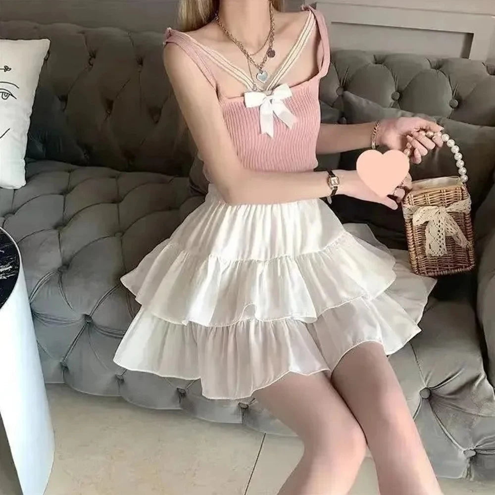 Pleated A-line Skirt White Women Ruffles Sweet Hottie Preppy Style