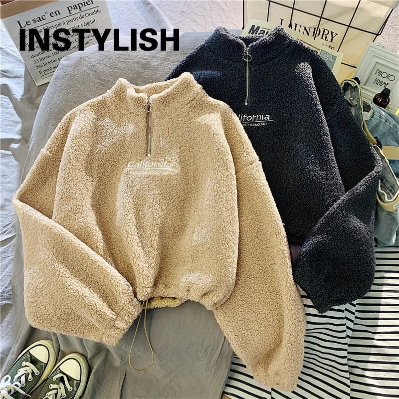 Women Stand Neck Fleece Cropped Hoodies Autumn Letter Embroidery Long