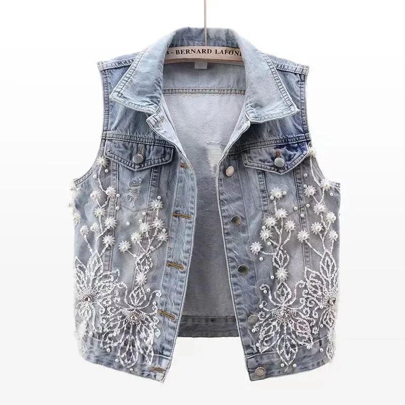 fashion Lace Beaded Denim Vest Women Cardigan 2024 New spring