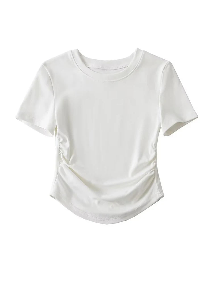 Harajuku Women Crew Neck Short Sleeve Cotton Tee With Ruched Sides