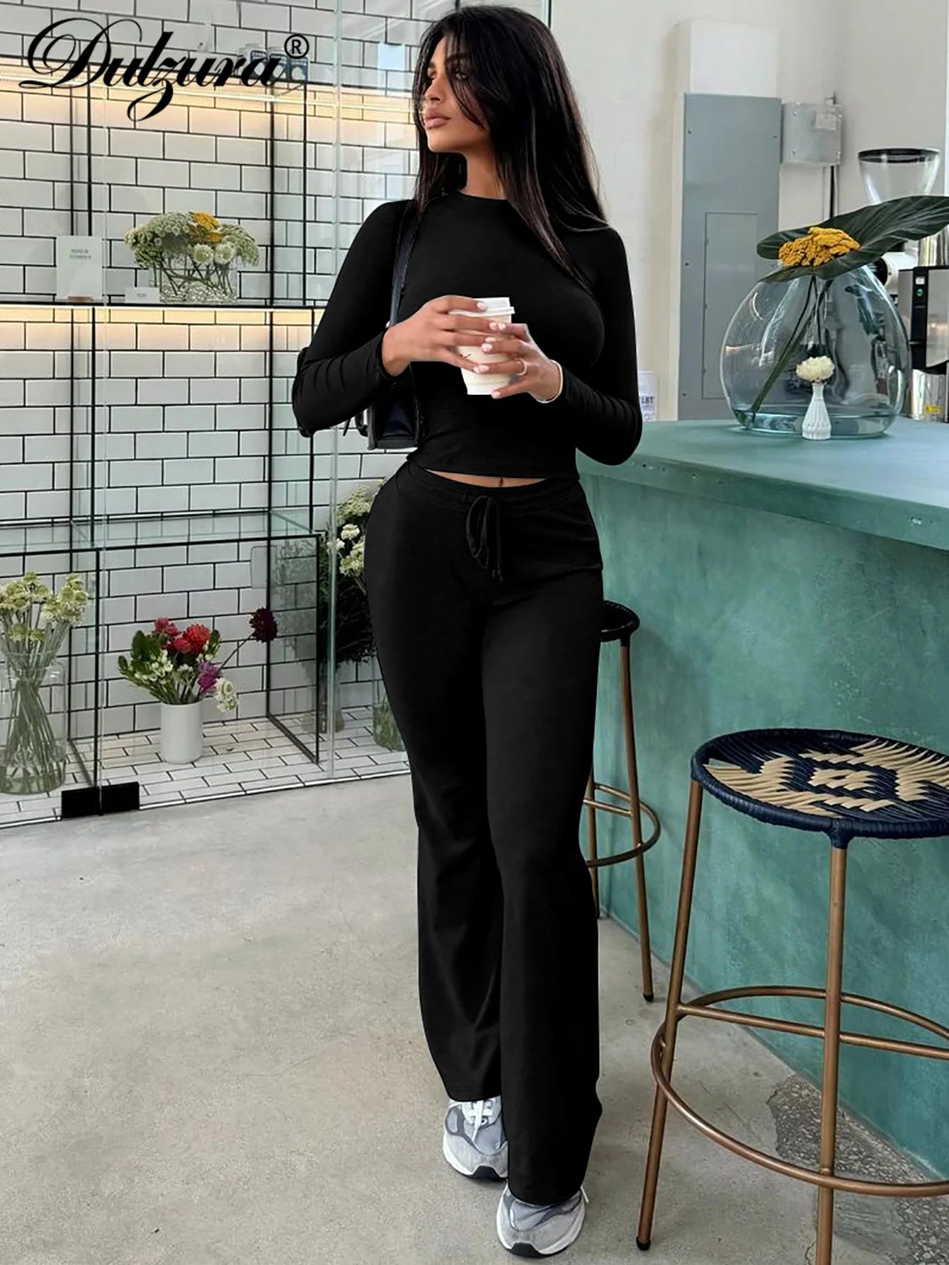 Dulzura Women’S Casual 2 Piece Pants Set Long Sleeves Bodycon Crop Top