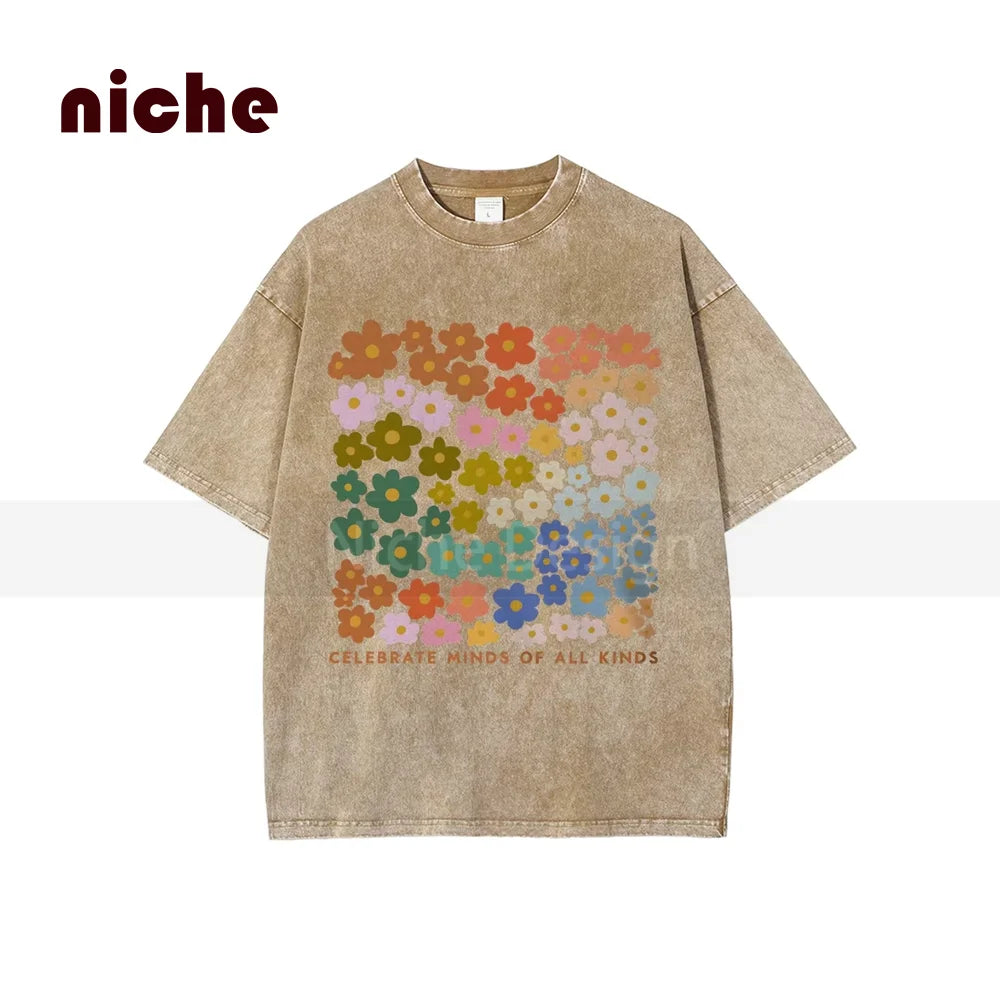 100% Color Flower Letter Print T-Shirt Loose Retro Old Shoulder Wash