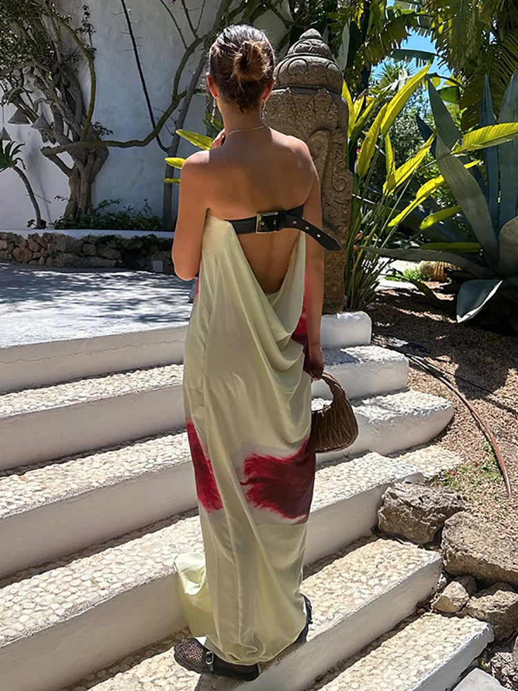 JULISSA MO Sexy Strapless Print Floral Belt Women Maxi Dress Yellow