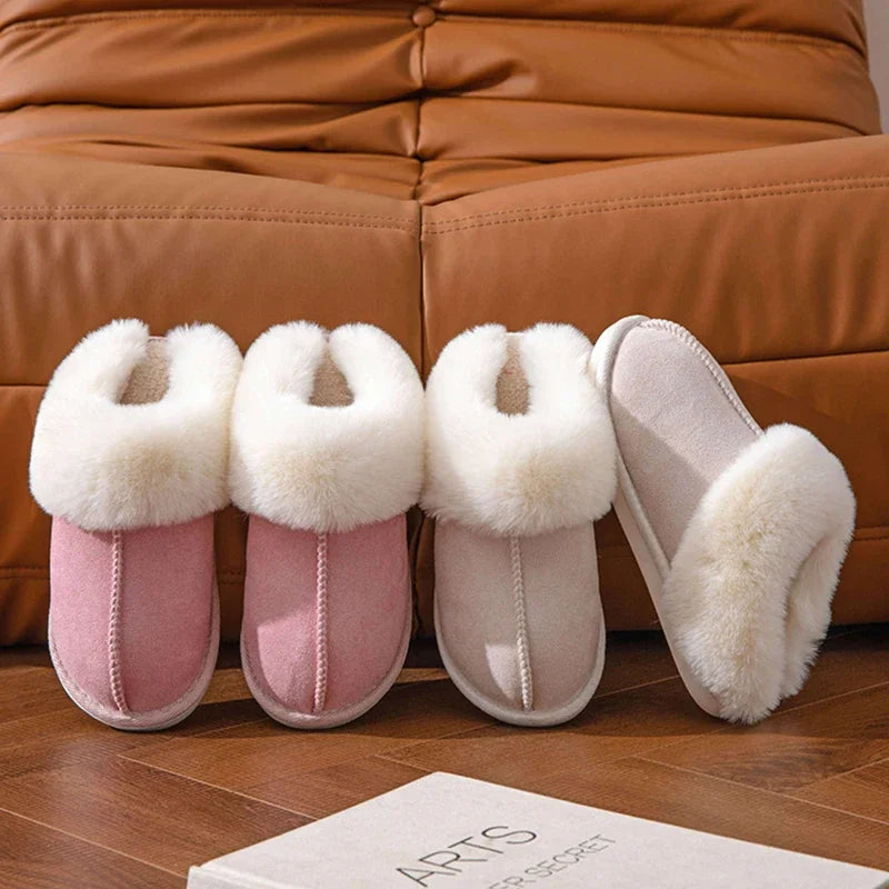 2024 Winter Warm Flat Fur Slippers Women Faux Suede Fluffy Furry Home