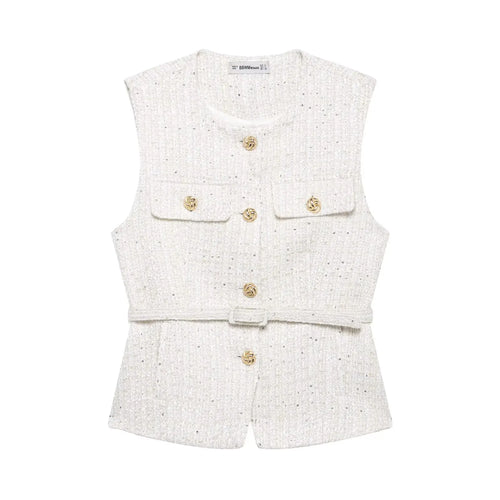 TRAFZA Women Fashion Tweed Belt Waistcoat O Neck Single Breasted