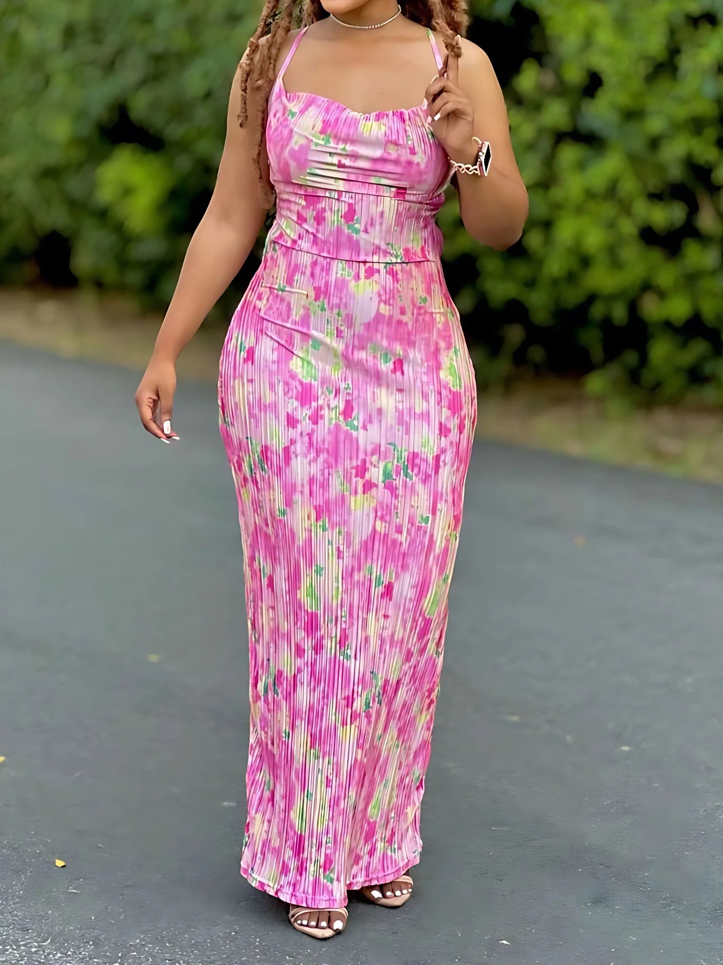 Women's Tie Dye Print Pleated Dress,Summer Spaghetti Strap Bodycon