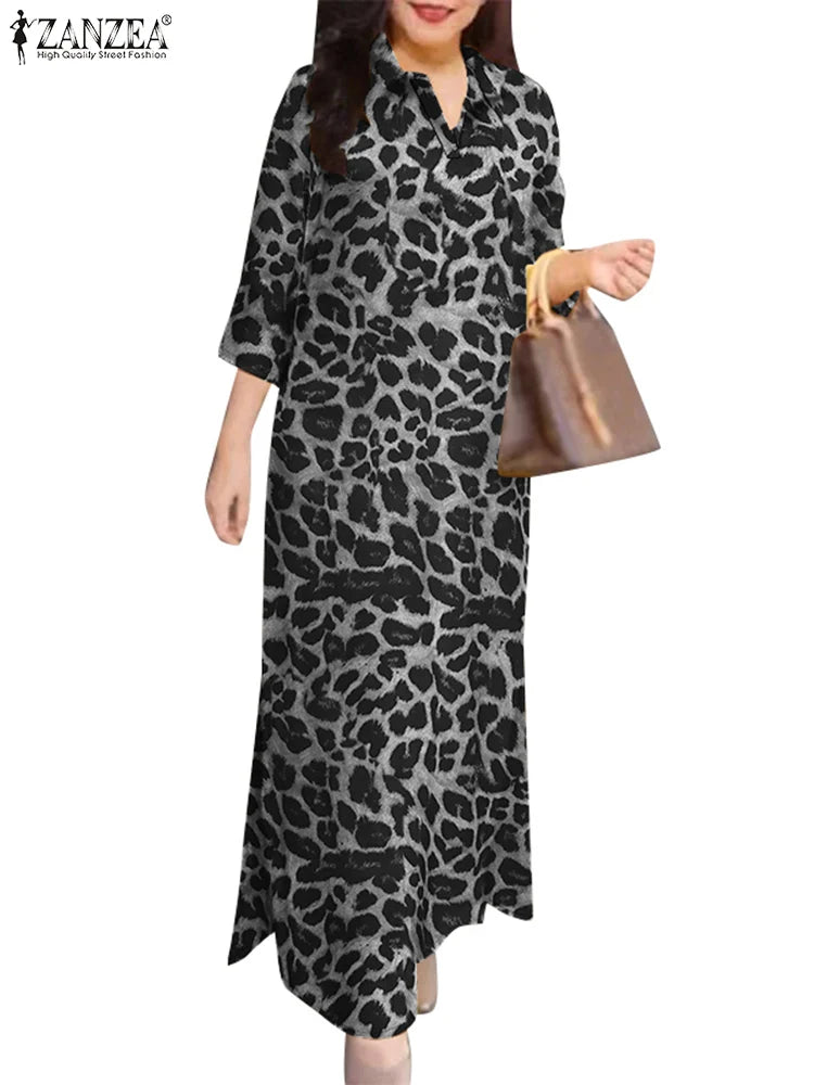 ZANZEA Women Leopard Print Shirt Dress Casual 3/4 Sleeve Lapel
