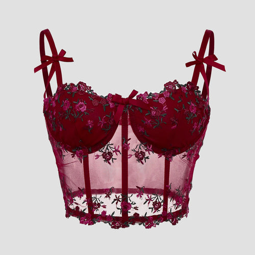 Sexy Lace Floral Embroidery Bow Corset For Women Camisole Sheer Mesh