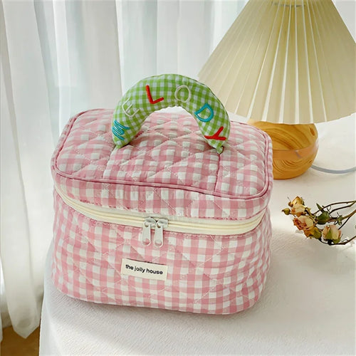 1pc cute color contrast check delicate bucket makeup bag for ladies