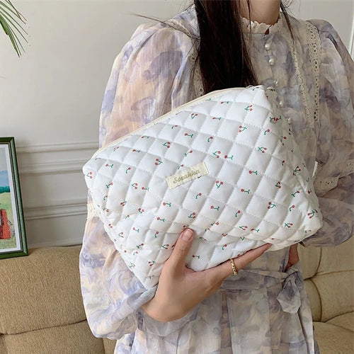 Quilted Cotton Ladies Travel Storage Bag Retro Cherry Women's Cosmetic