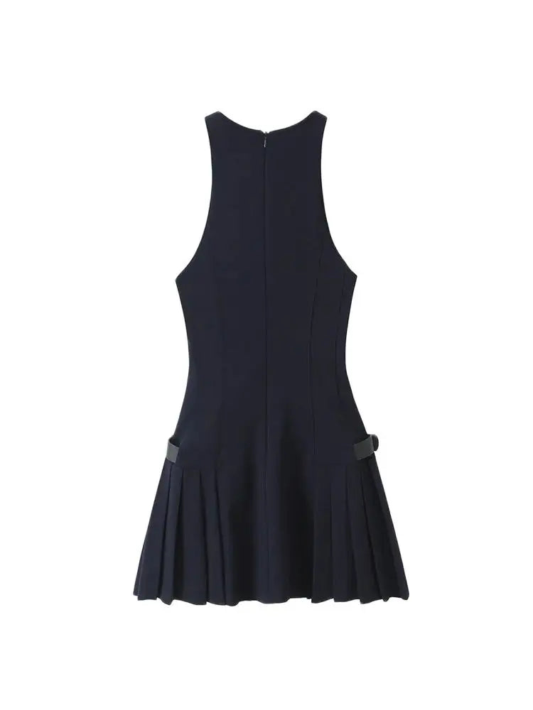 TRZA-Pleated Mini Dress with Side Loops for Women, Halter Neck, Back