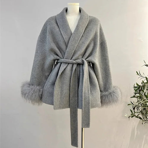 TARUXY Fox Fur Woolen Coats Women's Short Coat Office Lady Removable