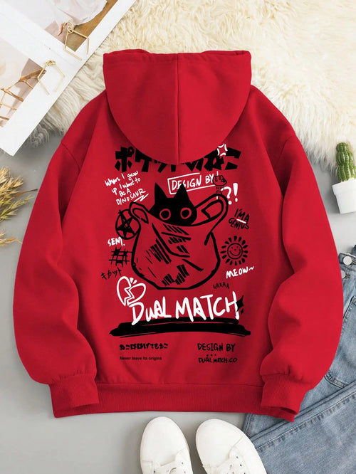 Cute Cat Cartoon Printed Sweatshirt Women Harajuku Casual Loose Hooded