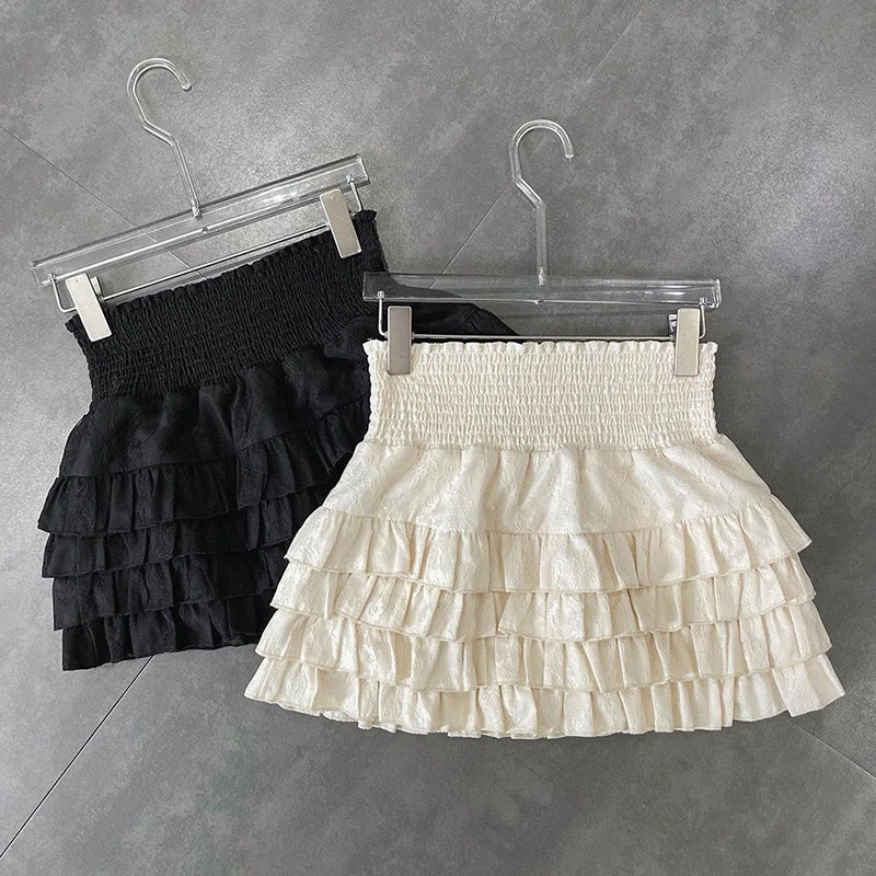Streetwear Y2k Ruffles Mini Skirts Women Sweet Kawaii High Waist Lace