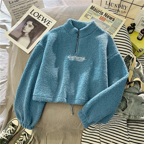 Women Stand Neck Fleece Cropped Hoodies Autumn Letter Embroidery Long