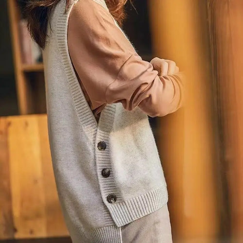 College Style Hem Three Button Sweater Knitted Vest Women Solid O Neck