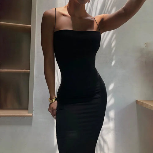 Nsangu 2024 Autumn Winter Women Solid White Black Strap Midi Dress