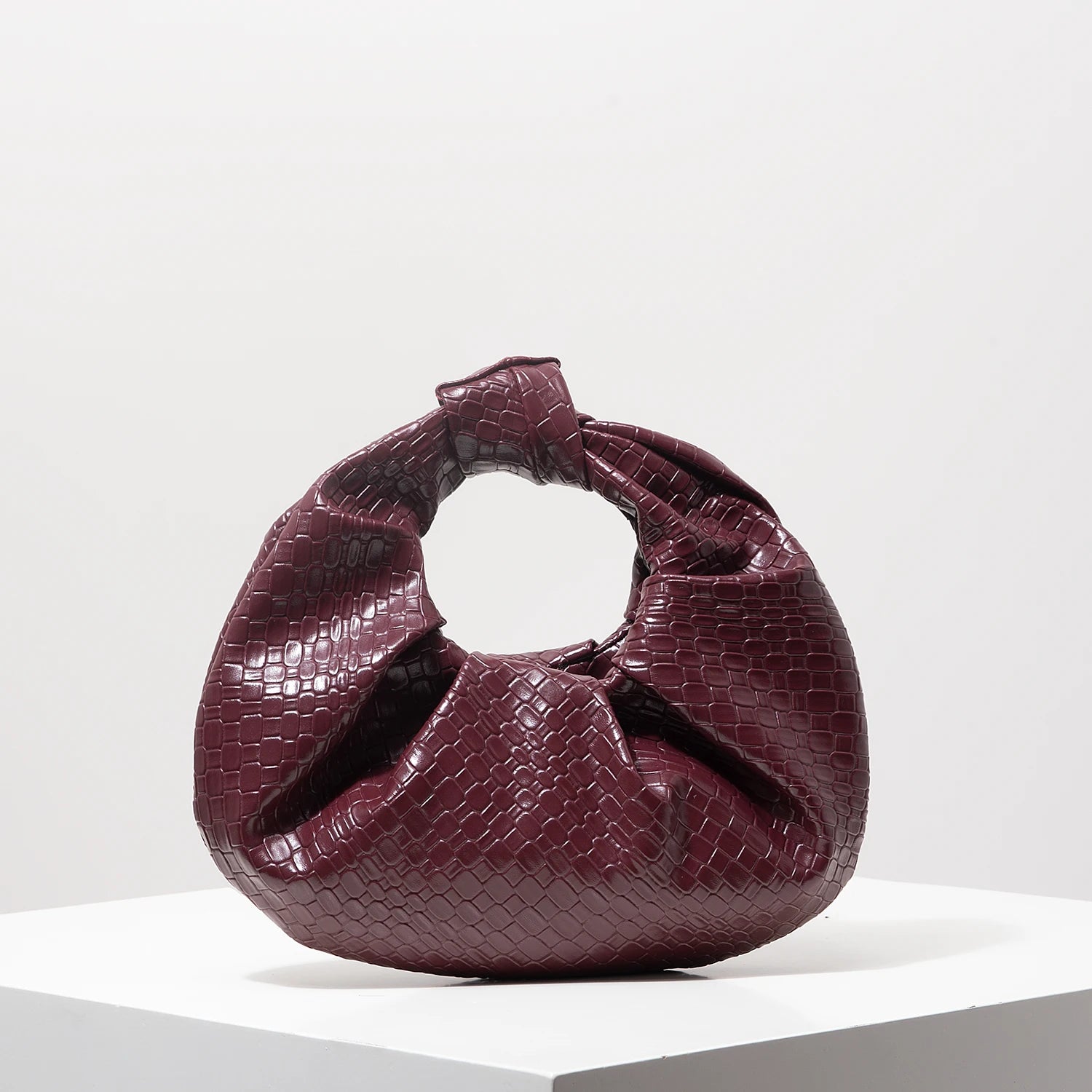 Vintage Faux Leather Woven Handbag, Knot Decor Crescent Bag, Pleated
