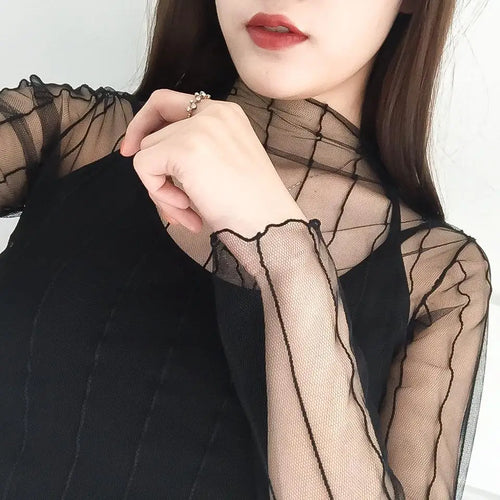 Spring Summer Women Sexy Black Mesh Tops Bottoming T Shirts