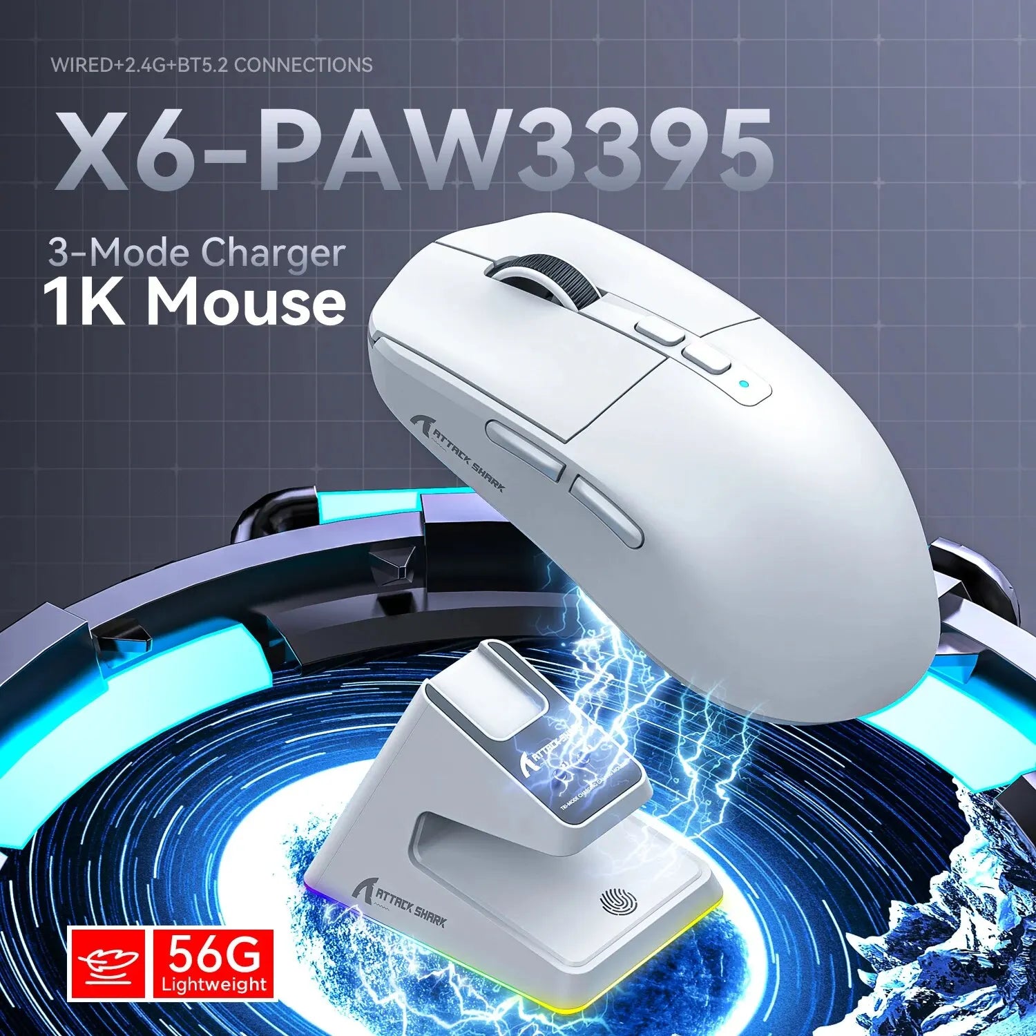 X6 Lightweight Wireless Gaming Mouse with 3 Mode Wired 2.4G BT5.2 Up