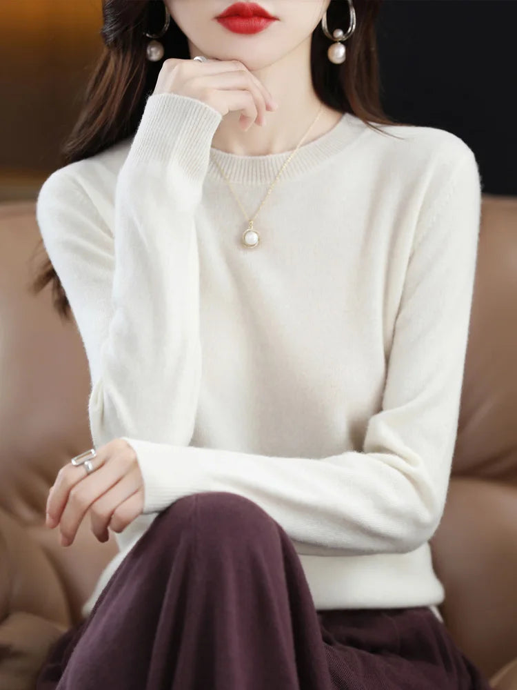 Fashion 100% Merino Wool Women's Sweater O-Neck Long Sleeve Pullover