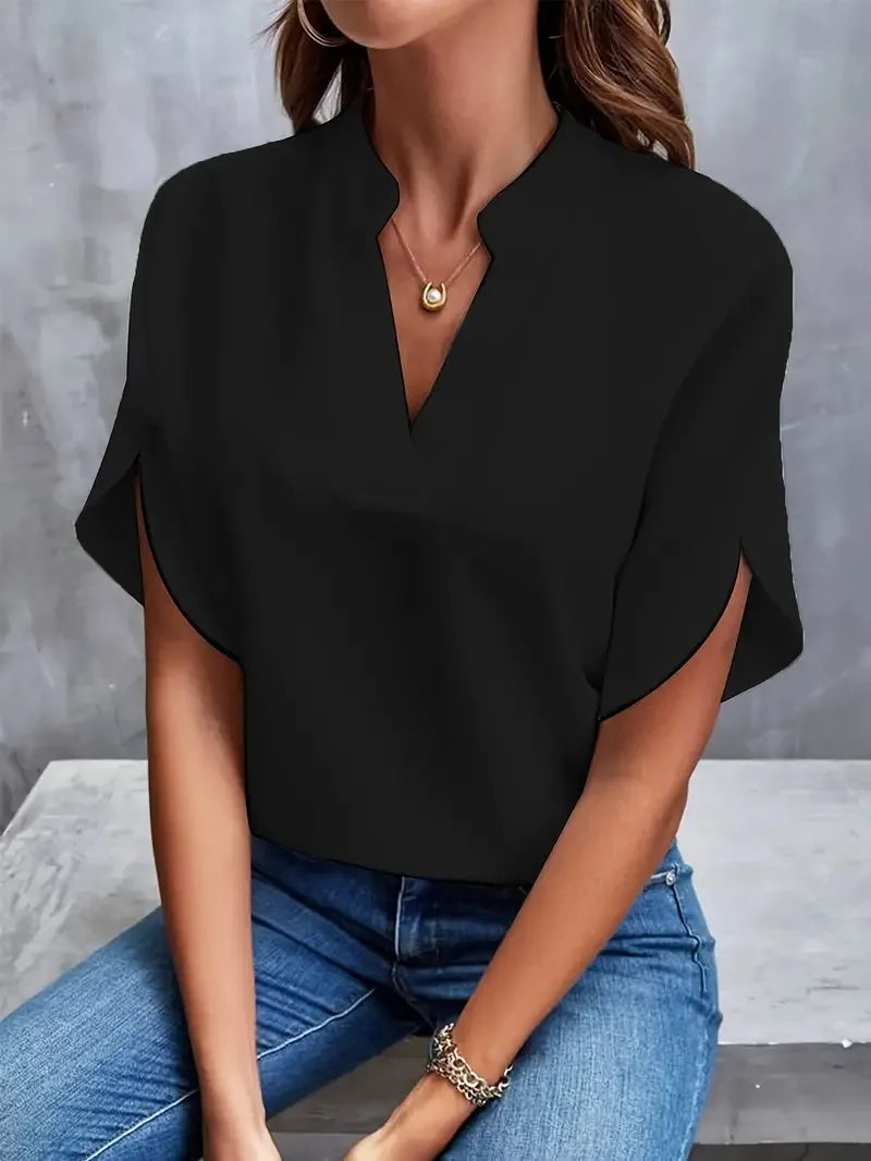 Summer Elegant Women's Blouse New V-neck Short Sleeve Solid Color