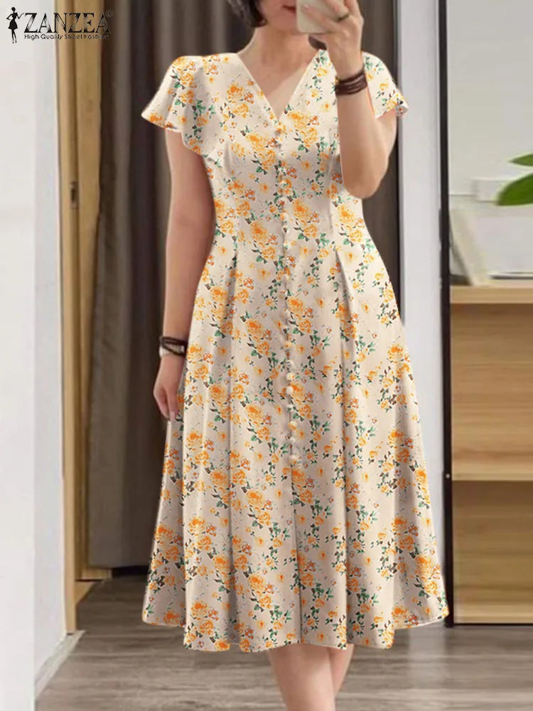 Elegant Floral Dress ZANZEA Women Summer Short Sleeve Party Sundress