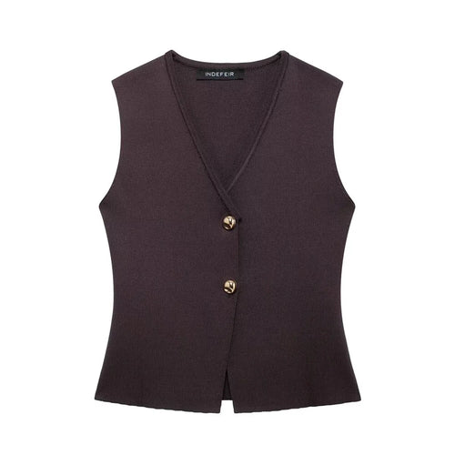 TRAFZA Women 2 Piece Set Chic V-Neck Sleeveless Button Knitted Vest