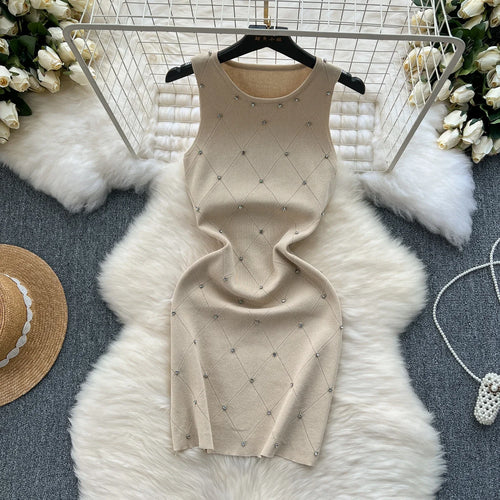 Beading  Summer Women's Knitting Sheath Tank Dress Female Bodycon