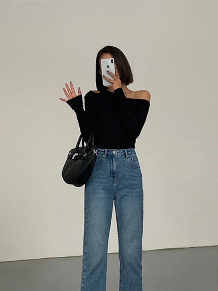 Fashion Skew Collar Off-shoulder Long-sleeved T-shirts Women Spring