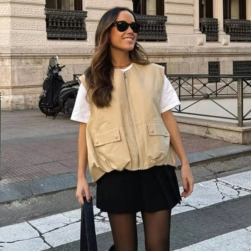 MUJER Ruched Sleeveless Vest Women Zip Loose Summer Vests for Women