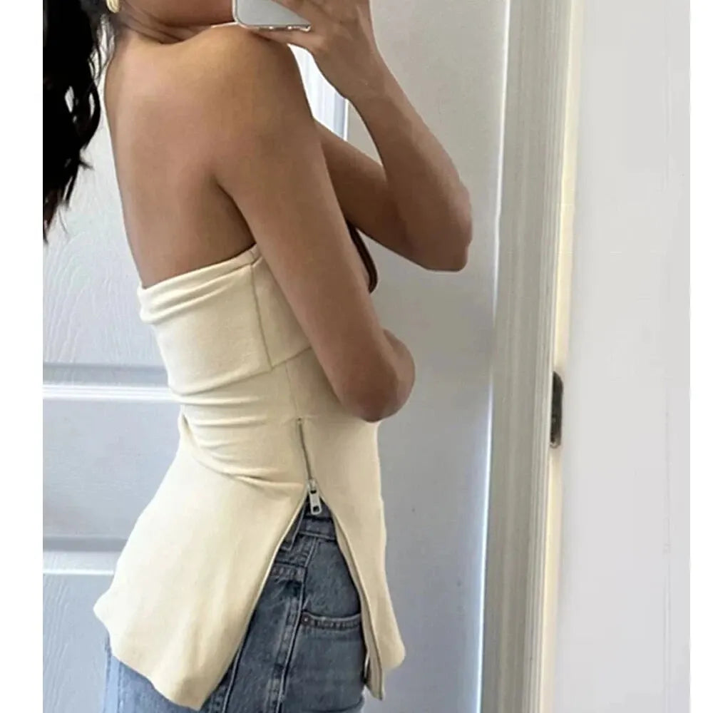 Women's Strapless Tube Corset Side Zipper Tops Solid Vintage Off