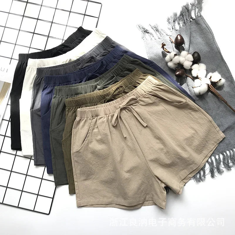 Cotton Linen Shorts Women's Sports Shorts Summer Solid High Waist