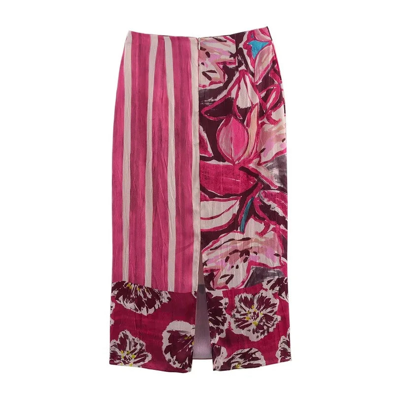 MUJER Print Satin Long Skirts for Women High Waist Midi Skirt Woman